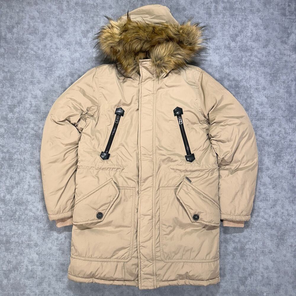 Diesel Faux Fur Hooded Military Parka Jacket Beige Insulated Utility Coat mens M